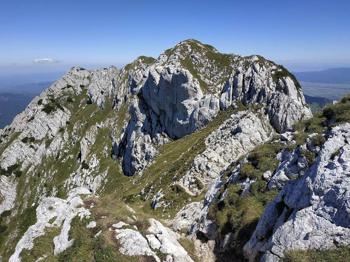 Creasta stâncoasă a Pietrei Craiului sub cer senin, cu iarbă verde printre pietrele albe
