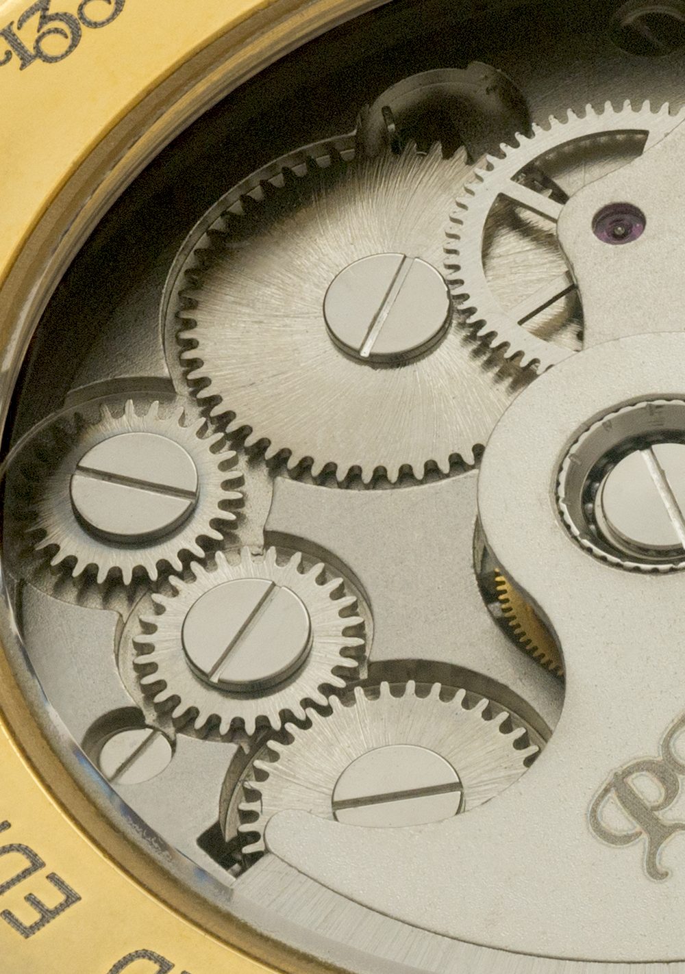 Macro view of an automatic watch movement gear train