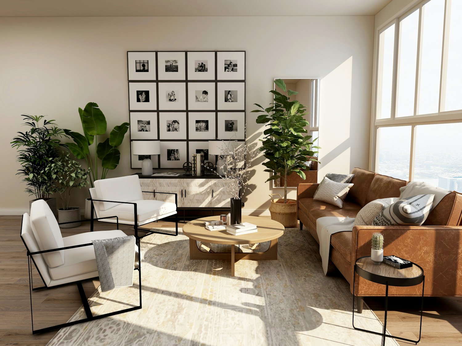 Warm living room with leather sofa and a gallery wall